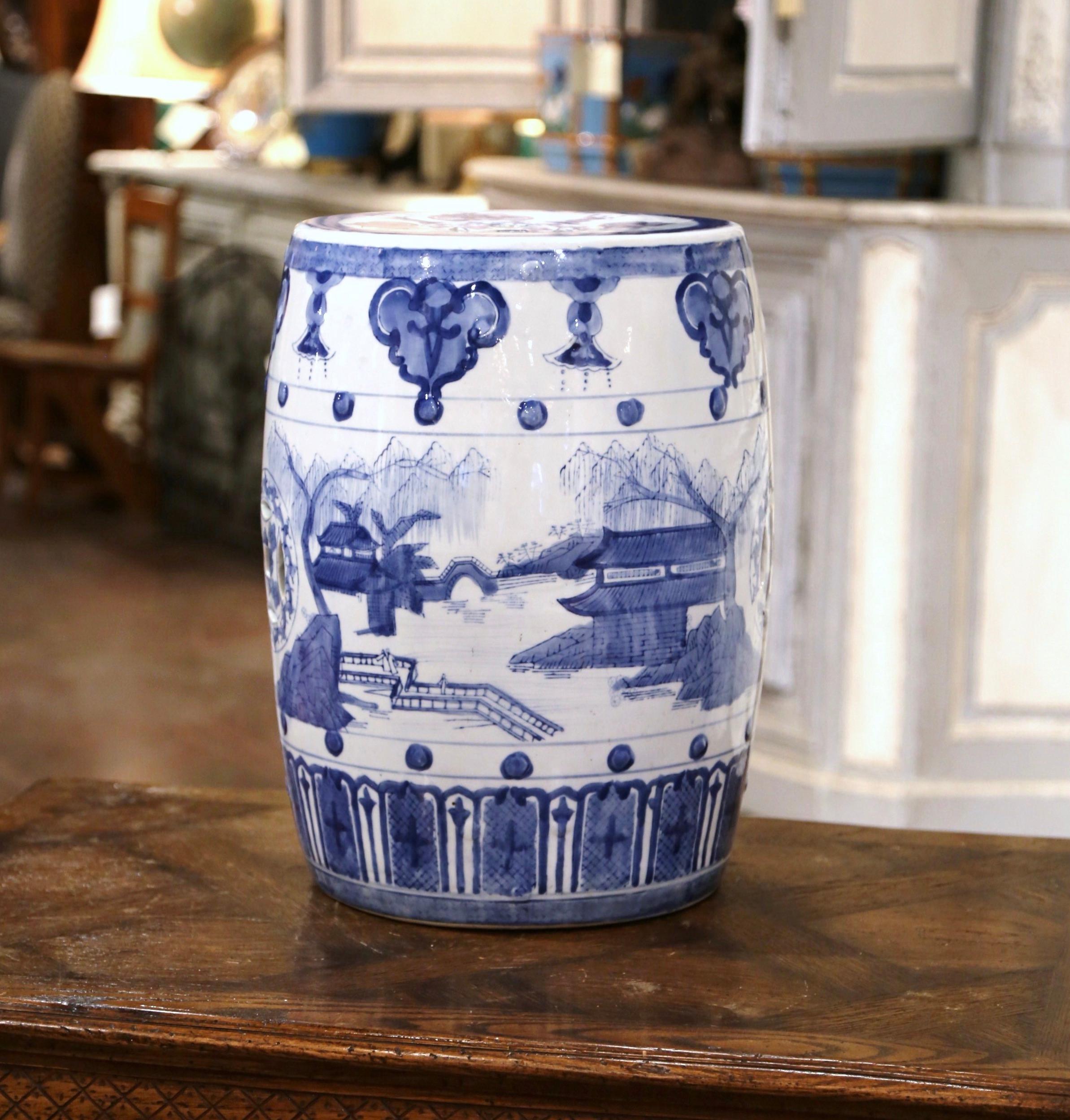 Chinese Vintage Asian Blue and White Painted Porcelain Garden Stool