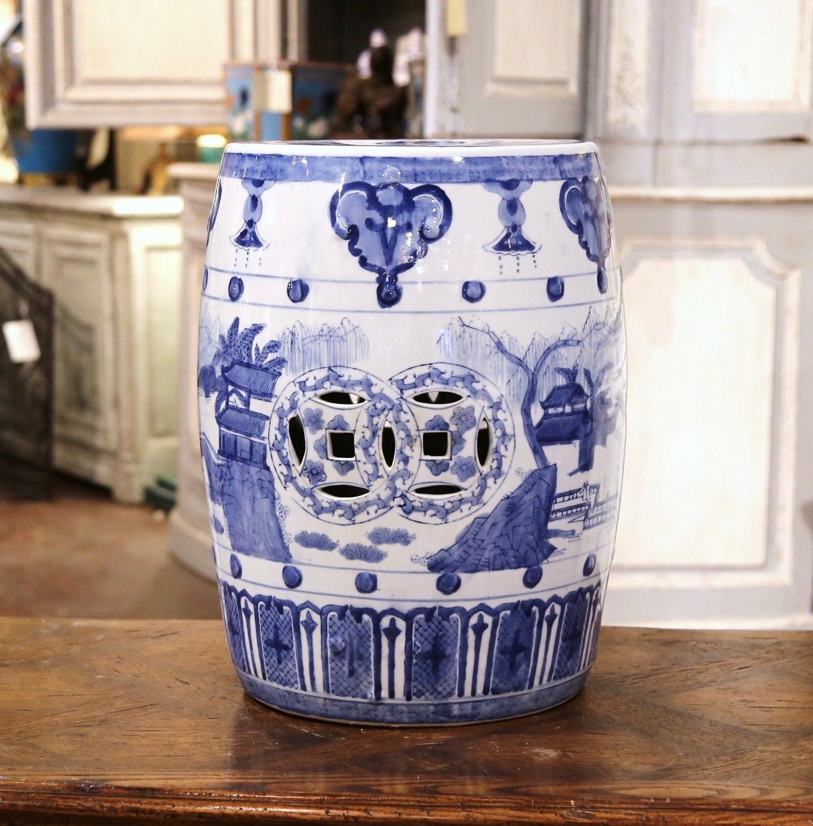 Hand-Painted Vintage Asian Blue and White Painted Porcelain Garden Stool