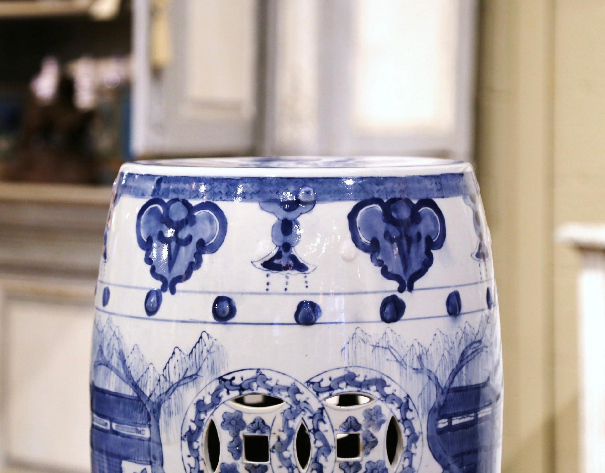 Vintage Asian Blue and White Painted Porcelain Garden Stool In Excellent Condition In Dallas, TX