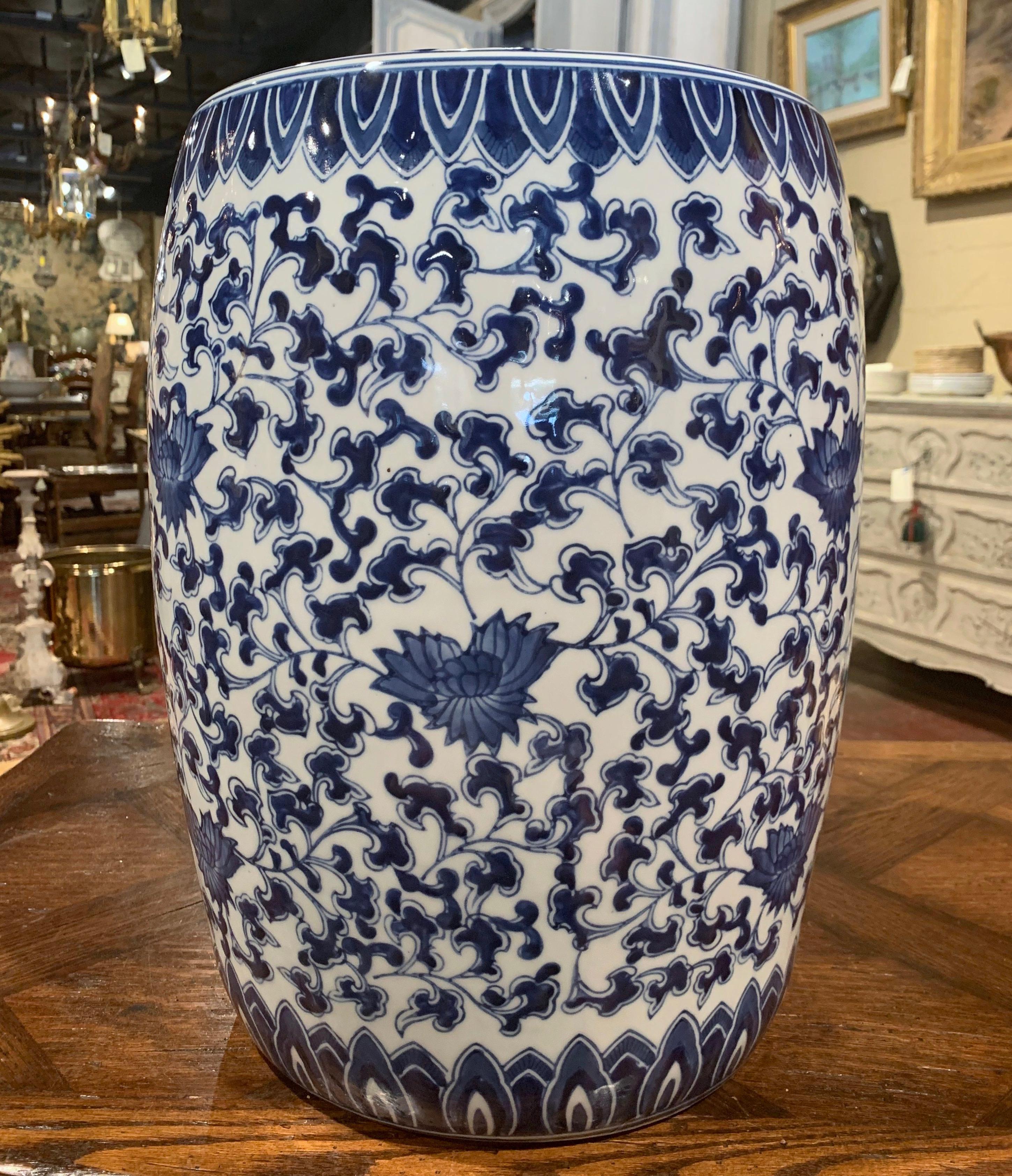 Vintage Asian Blue and White Painted Porcelain Garden Stool In Excellent Condition In Dallas, TX