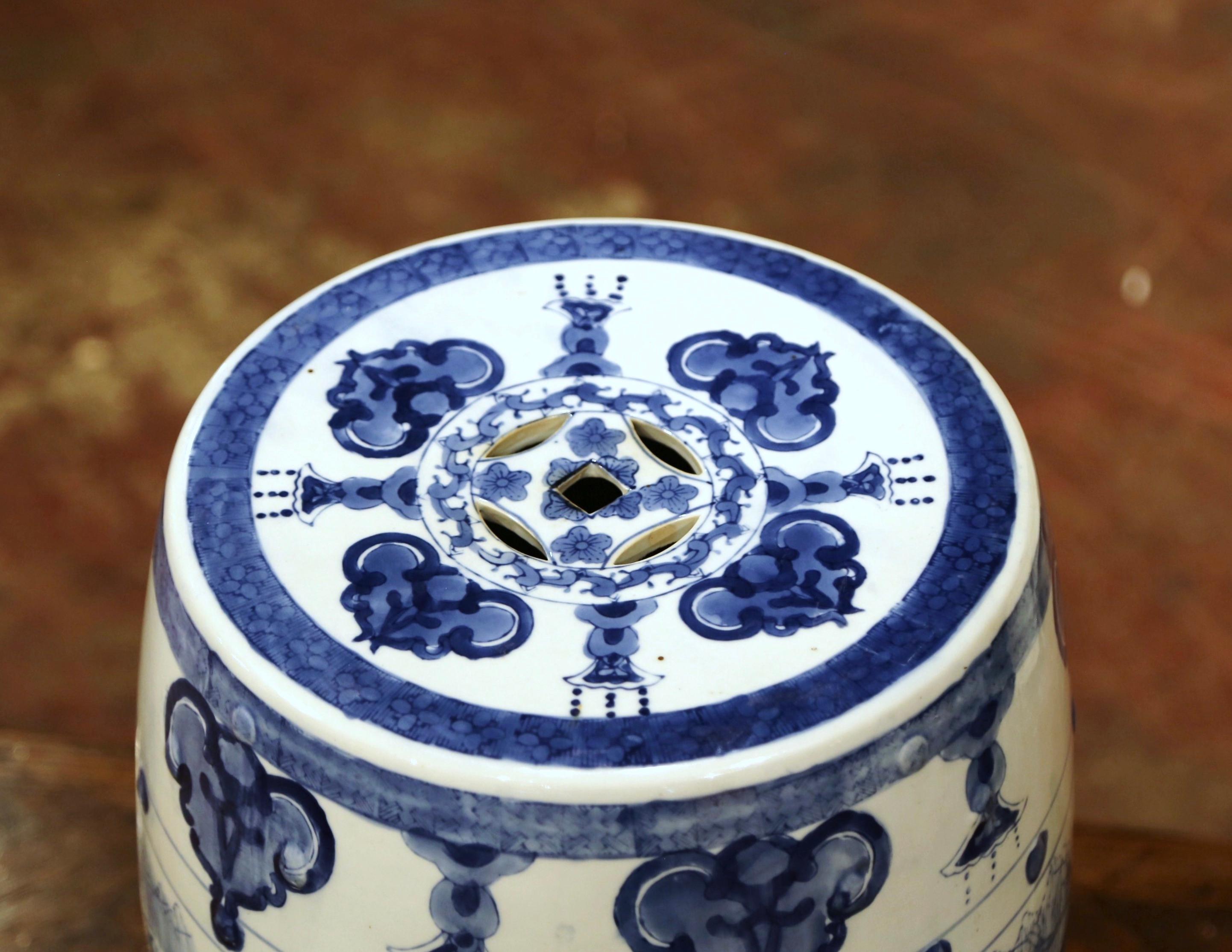 20th Century Vintage Asian Blue and White Painted Porcelain Garden Stool