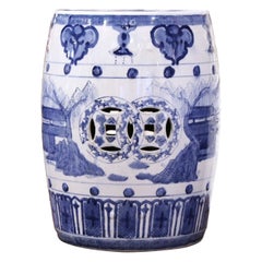 Vintage Asian Blue and White Painted Porcelain Garden Stool