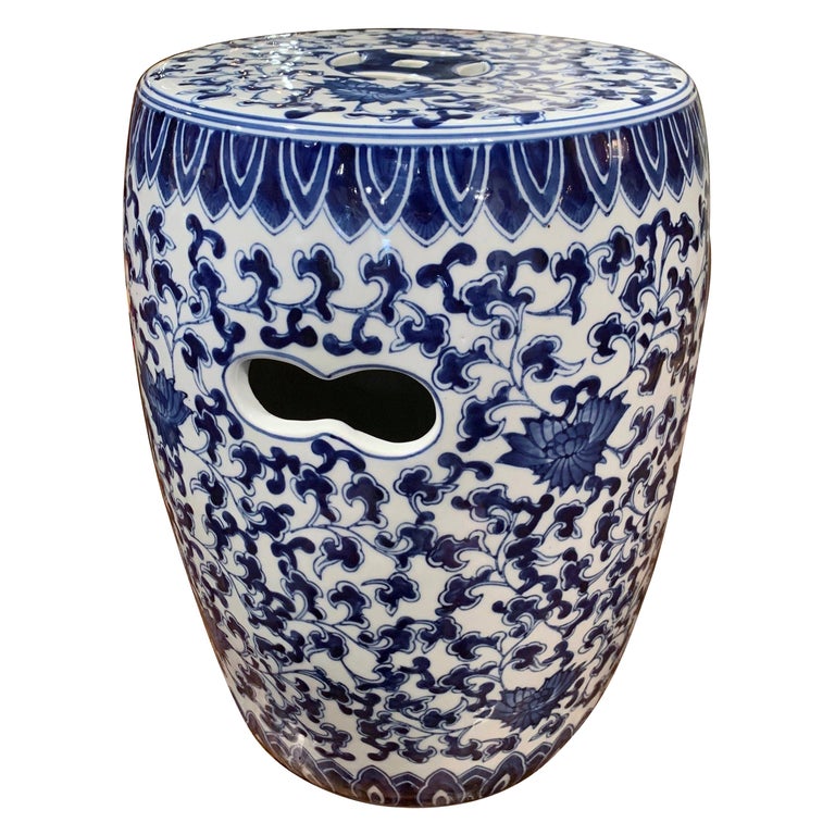 Vintage Asian Blue and White Painted Porcelain Garden Stool at 1stDibs