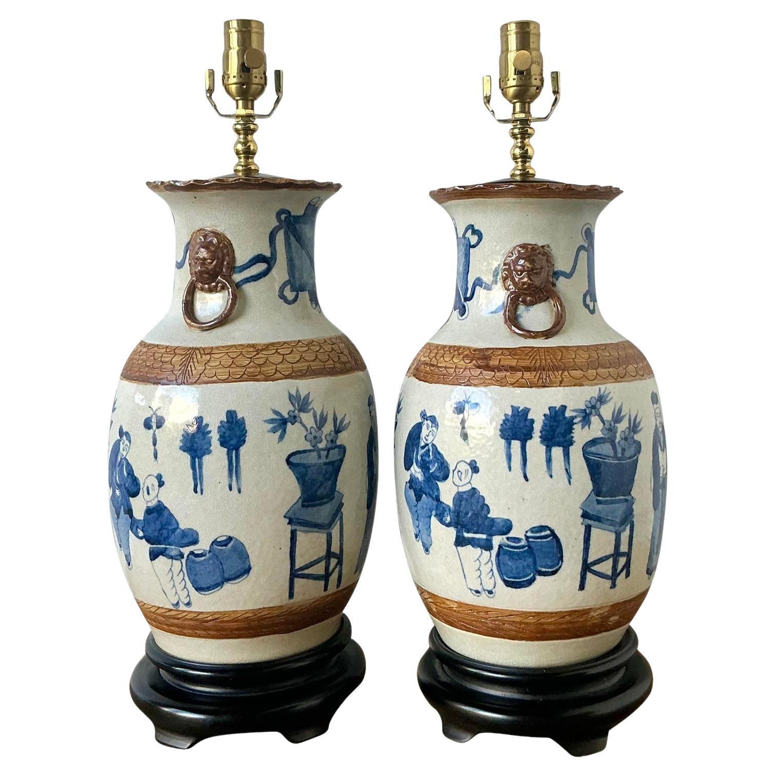 Vintage Asian Blue and White Porcelain Vase Lamps - A Pair