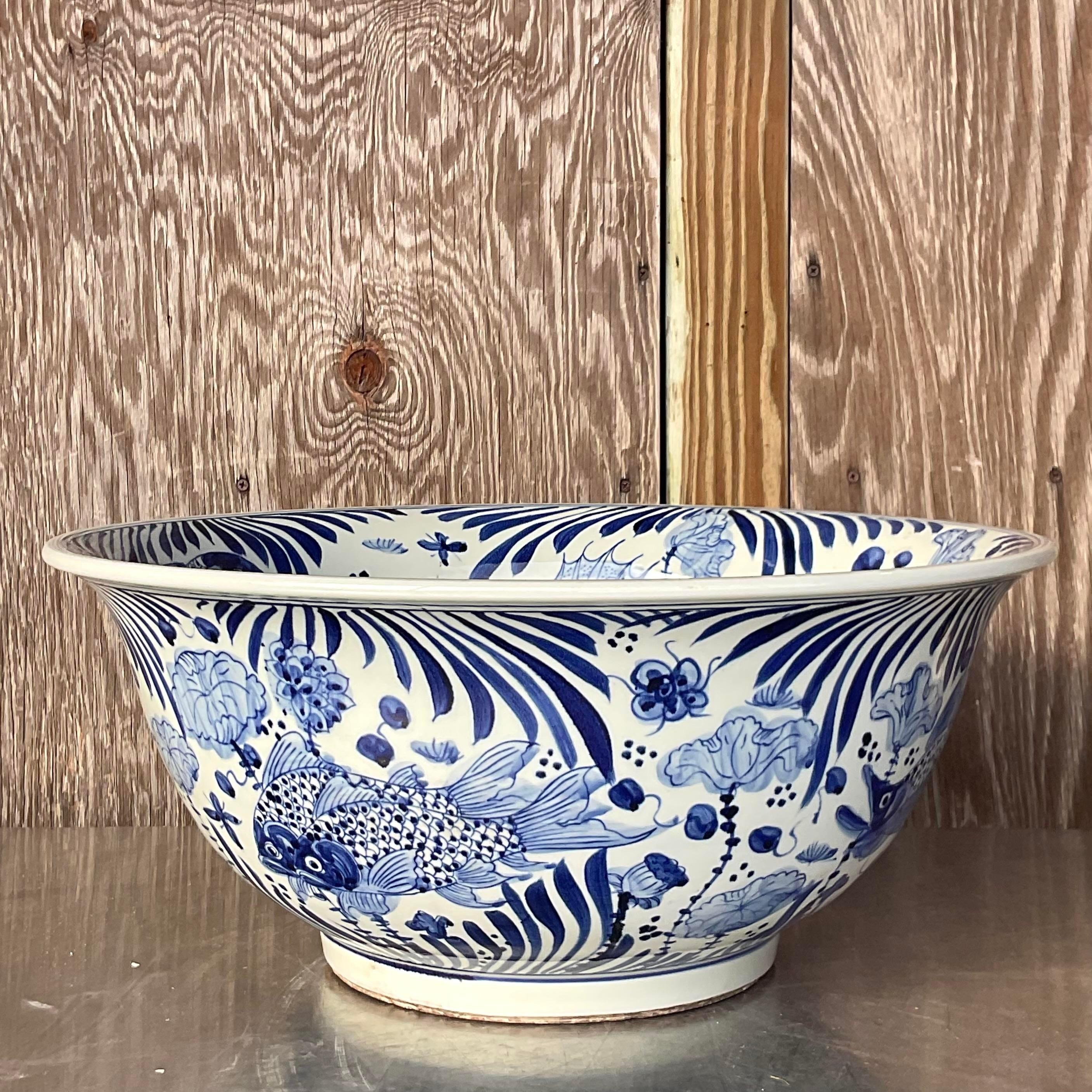 American Vintage Asian Blue and White Swimming Koi Bowl For Sale