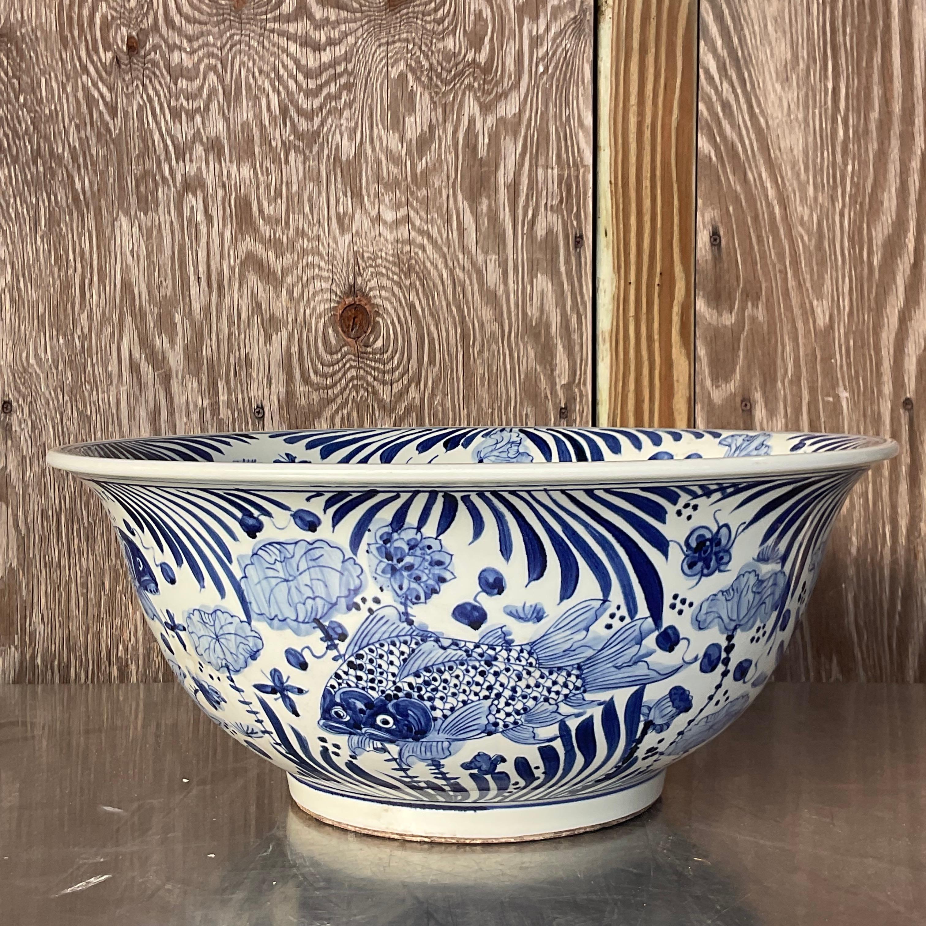Vintage Asian Blue and White Swimming Koi Bowl In Good Condition For Sale In west palm beach, FL