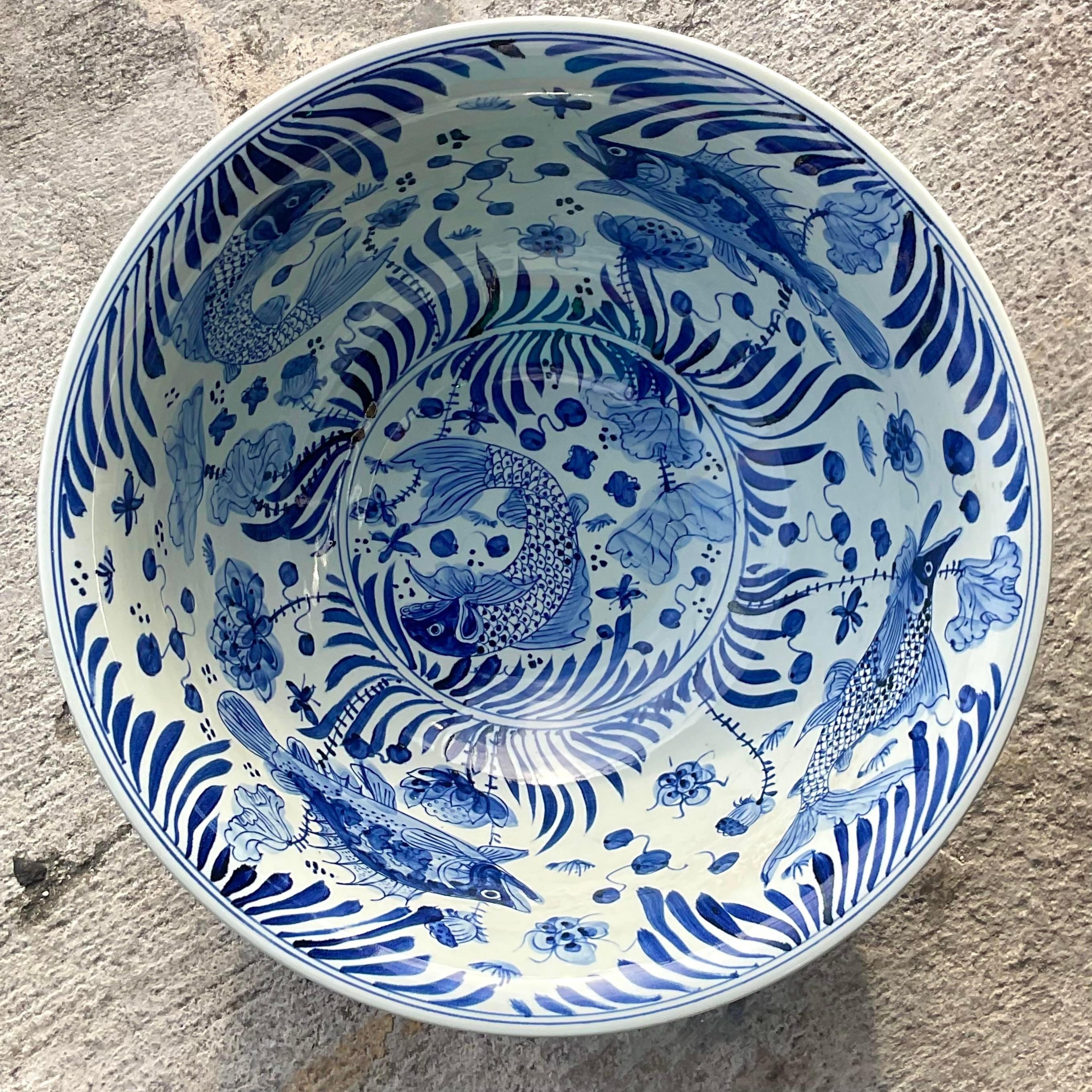 20th Century Vintage Asian Blue and White Swimming Koi Bowl For Sale