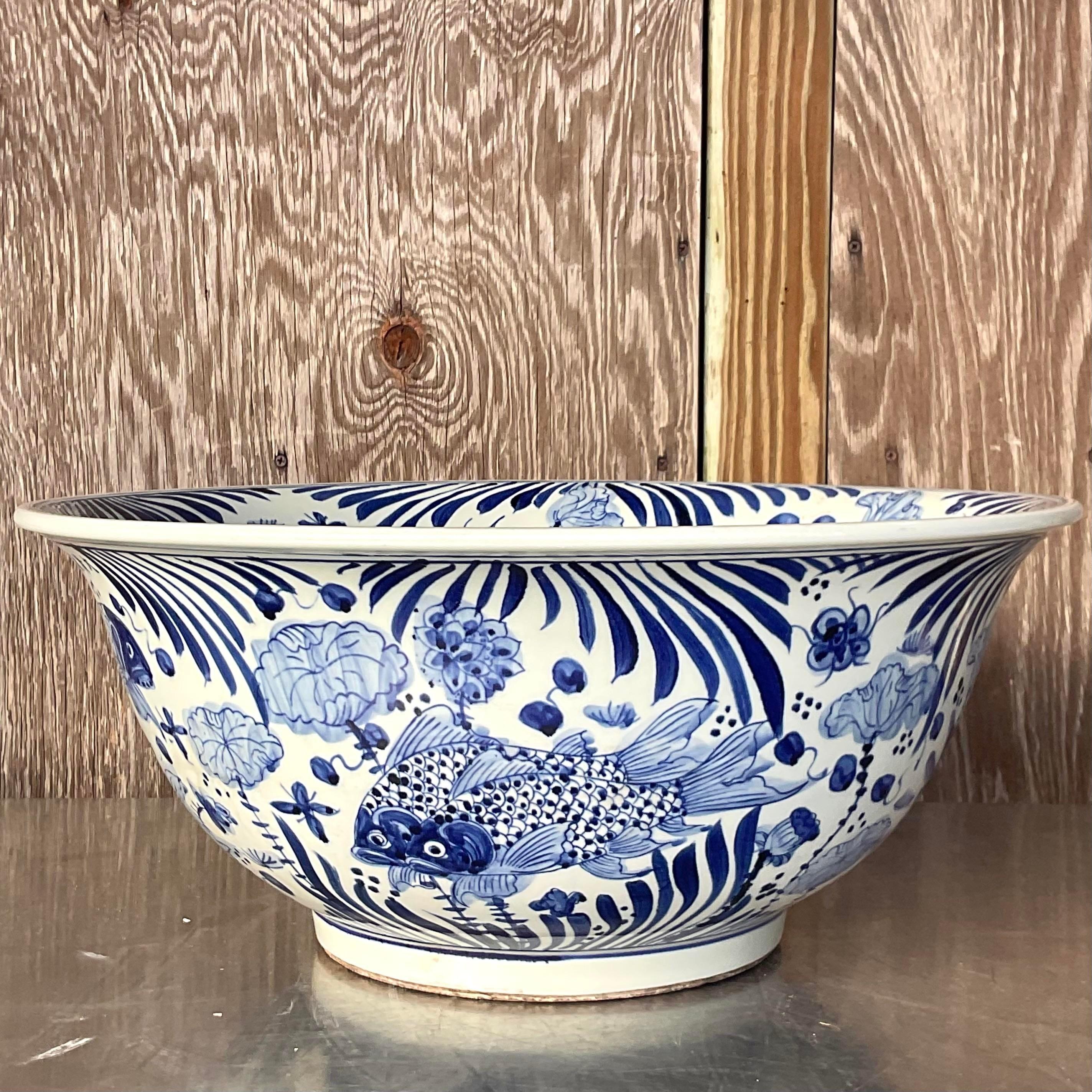 Ceramic Vintage Asian Blue and White Swimming Koi Bowl For Sale