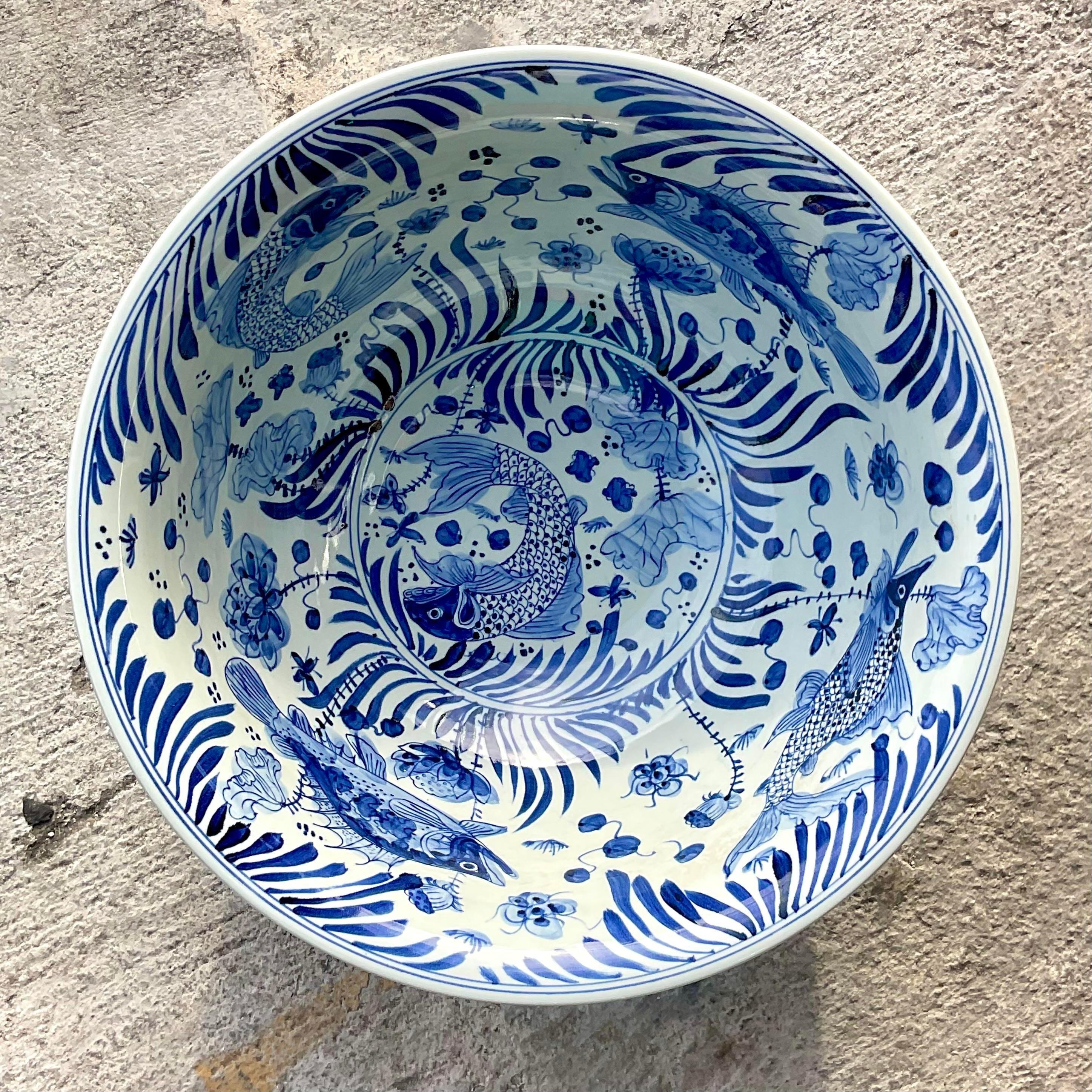 Vintage Asian Blue and White Swimming Koi Bowl For Sale 1