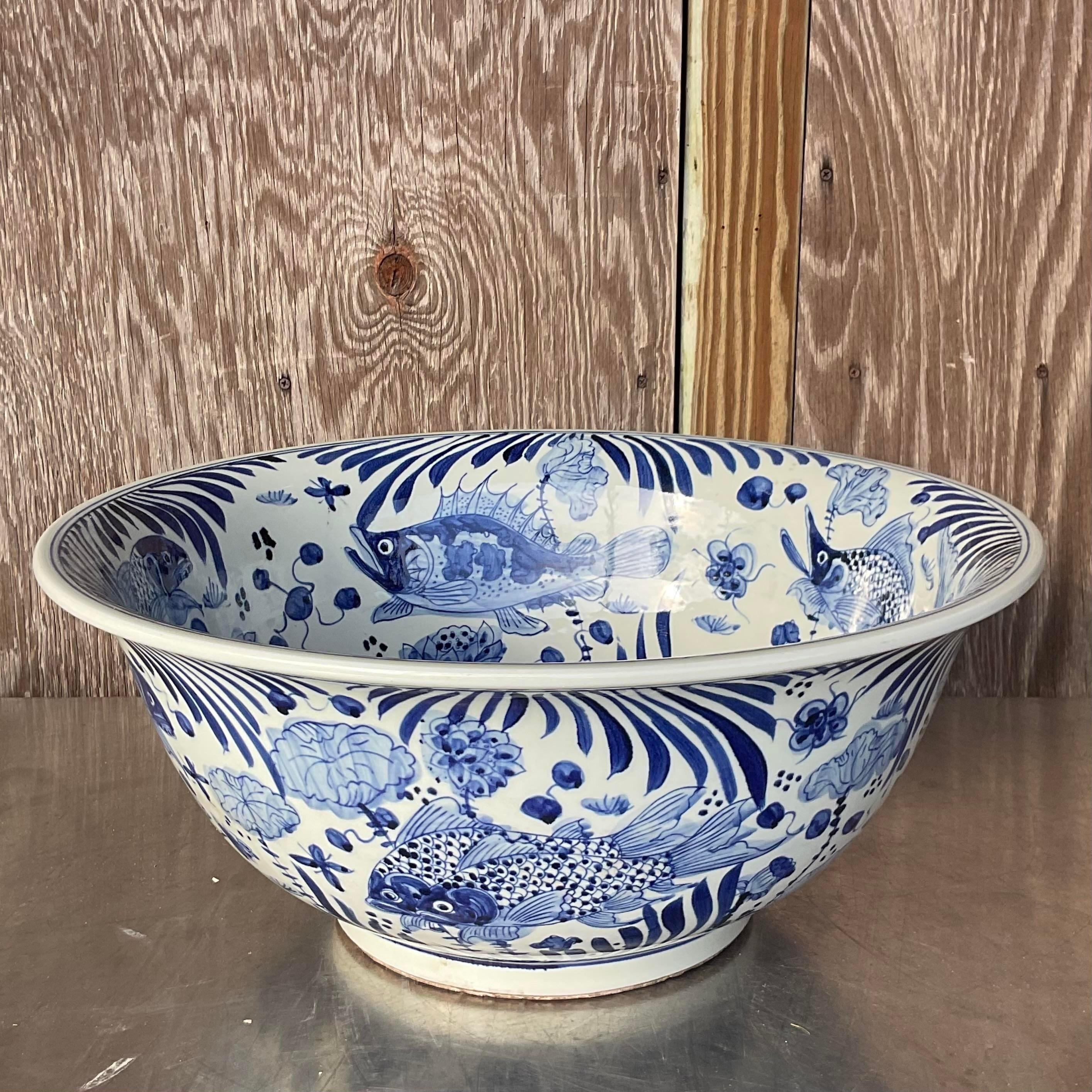 Vintage Asian Blue and White Swimming Koi Bowl For Sale 2