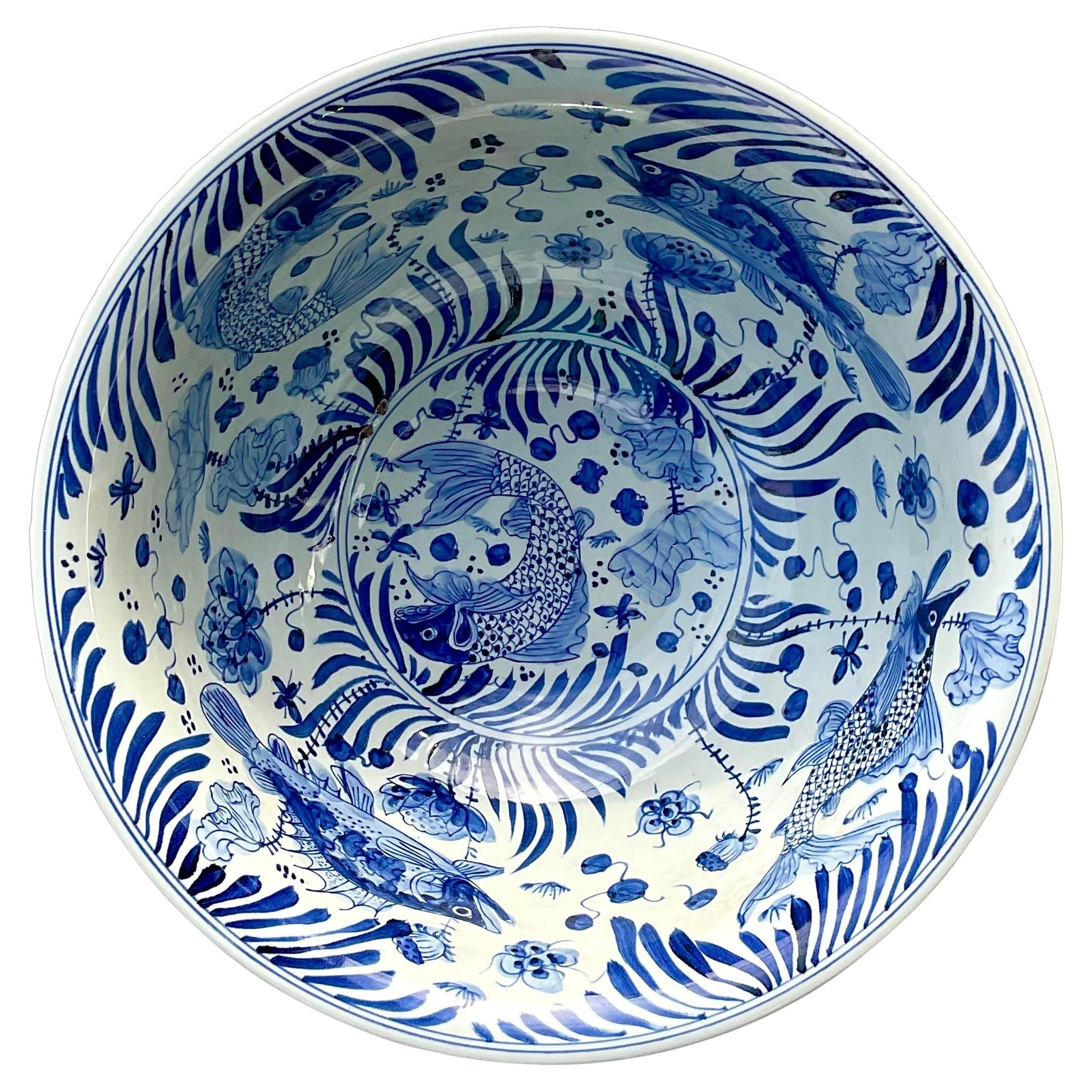 Vintage Asian Blue and White Swimming Koi Bowl For Sale