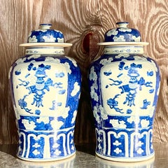 Vintage Asian Blue and White Urns - a Pair