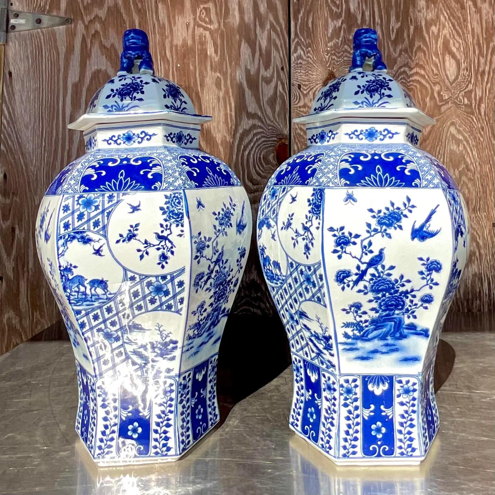 Vintage Asian Blue and White Urns - a Pair In Good Condition For Sale In west palm beach, FL