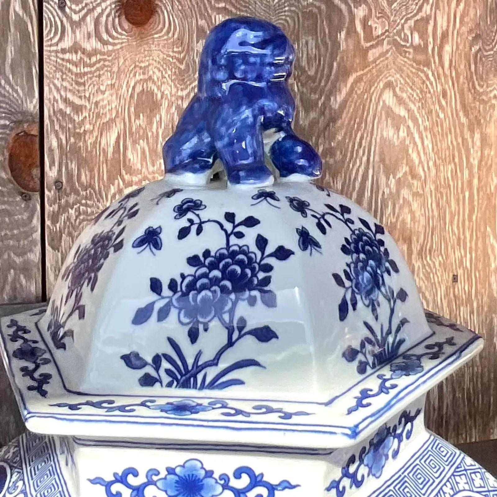 Ceramic Vintage Asian Blue and White Urns - a Pair For Sale