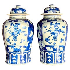 Vintage Asian Blue and White Urns, a Pair