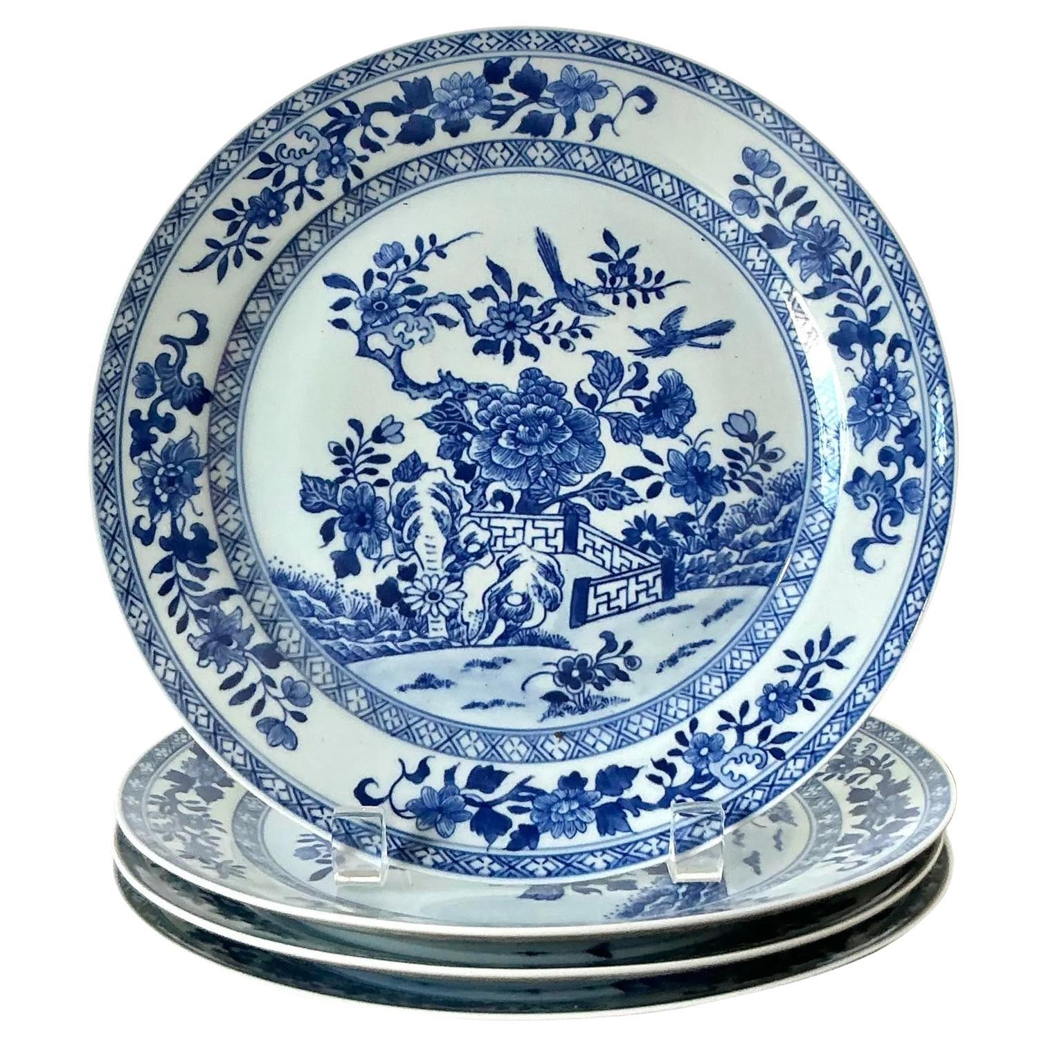 Vintage Asian Blue Flow Glazed Ceramic Plates - Set of 4 For Sale