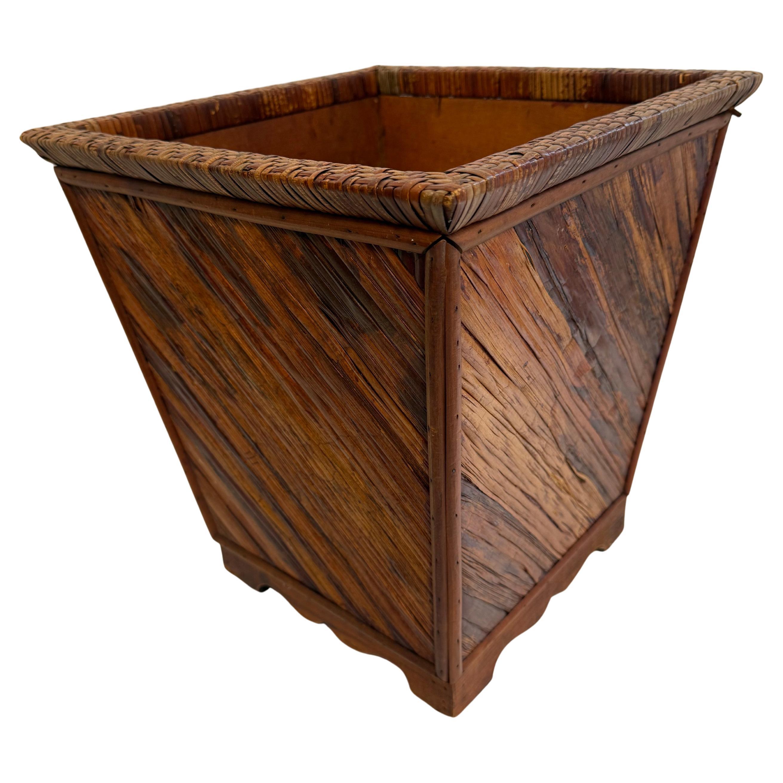 Vintage Asian Boho Chic Wicker and Wood Planter