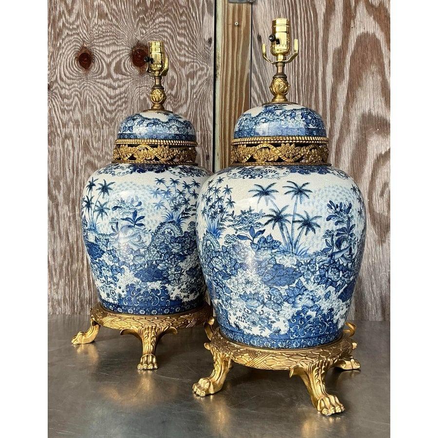 American Vintage Asian Brass and Ceramic Lamps - a Pair For Sale