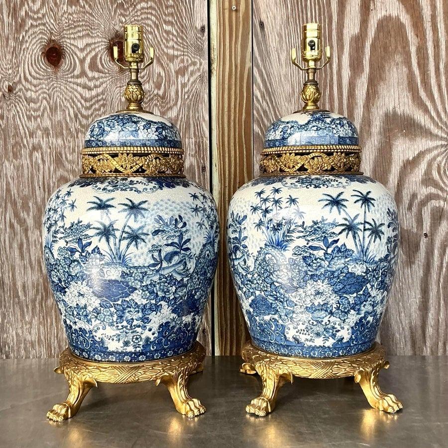 Vintage Asian Brass and Ceramic Lamps - a Pair In Good Condition For Sale In west palm beach, FL