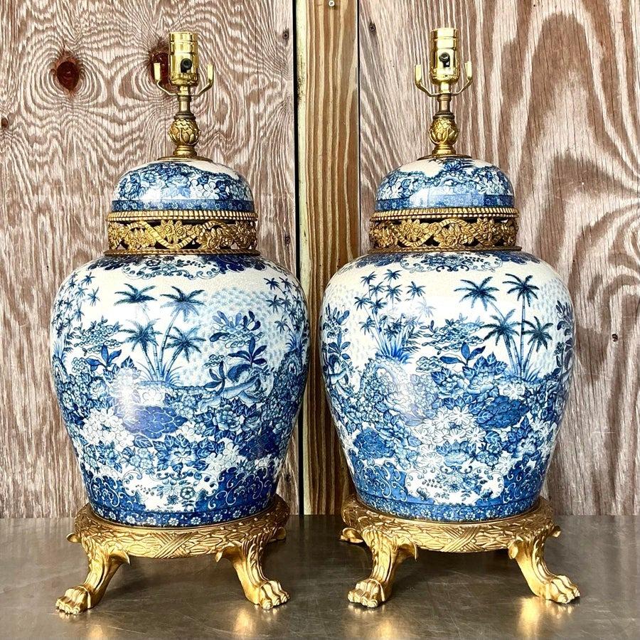 20th Century Vintage Asian Brass and Ceramic Lamps - a Pair For Sale