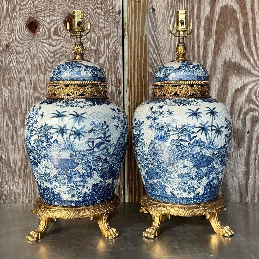 Vintage Asian Brass and Ceramic Lamps - a Pair For Sale 1