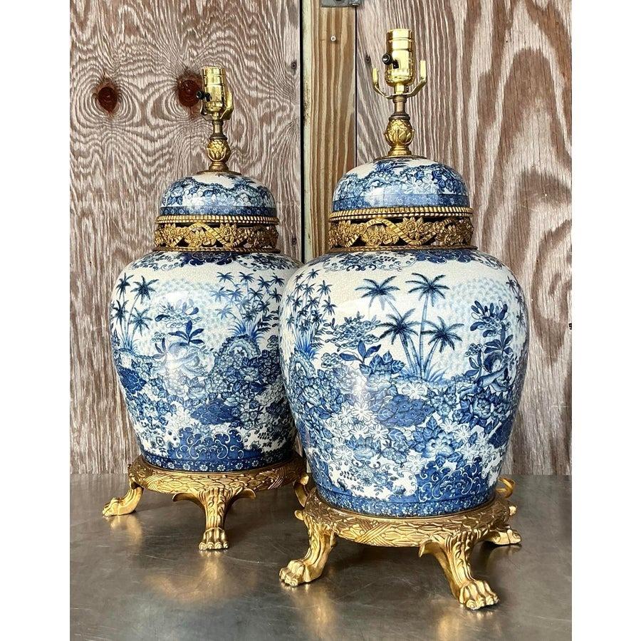 Vintage Asian Brass and Ceramic Lamps - a Pair For Sale 2