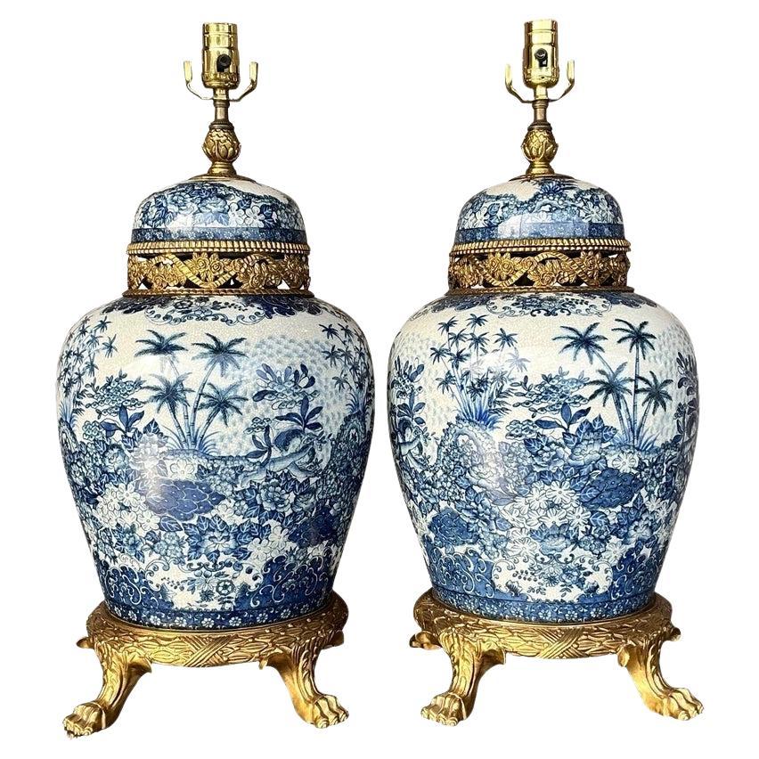 Vintage Asian Brass and Ceramic Lamps - a Pair