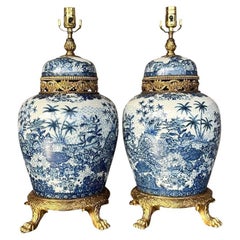 Vintage Asian Brass and Ceramic Lamps - a Pair