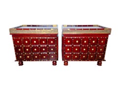 Vintage Asian Brass Clad Wood Storage Tables, a Pair
