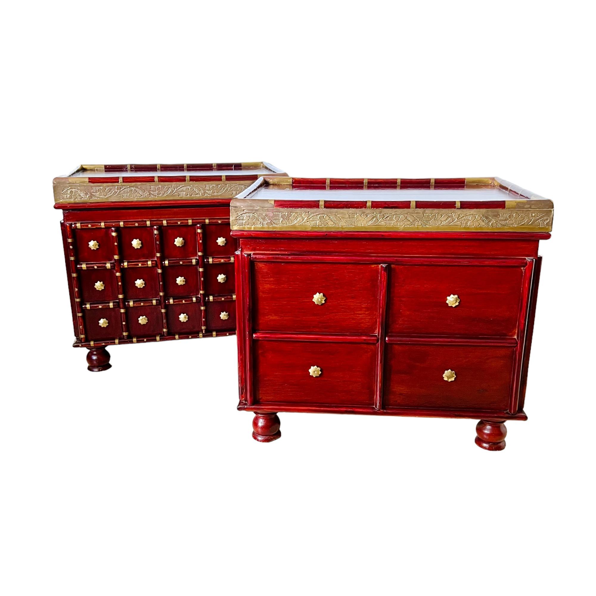 Inlay Vintage Asian Brass Clad Wood Storage Tables, a Pair For Sale