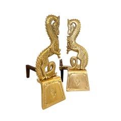 Vintage Asian Brass Dragon Andirons or Chenets - a Pair