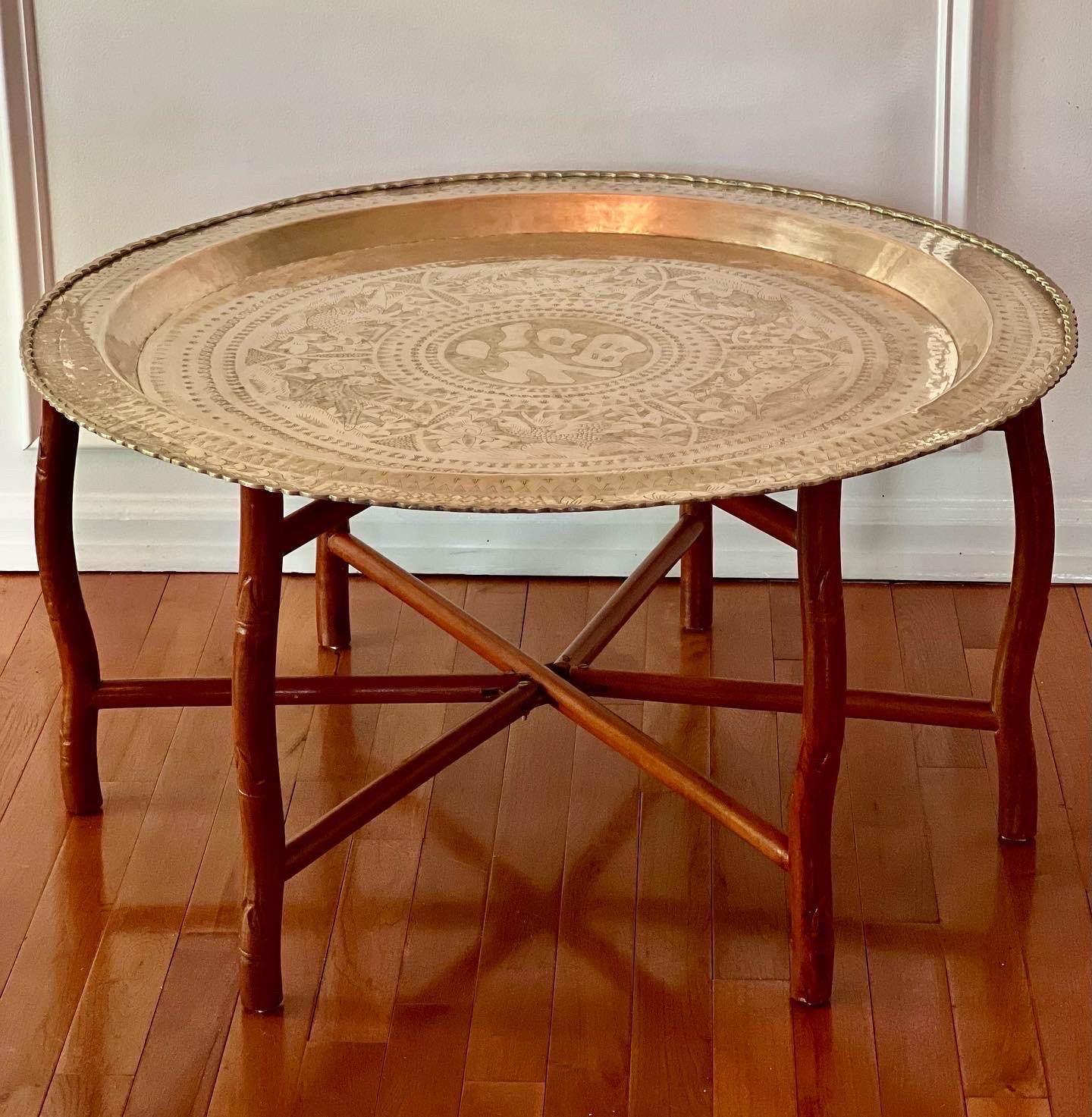 Vintage Asian Brass Tray Table with Folding Bamboo Base In Good Condition In Doylestown, PA