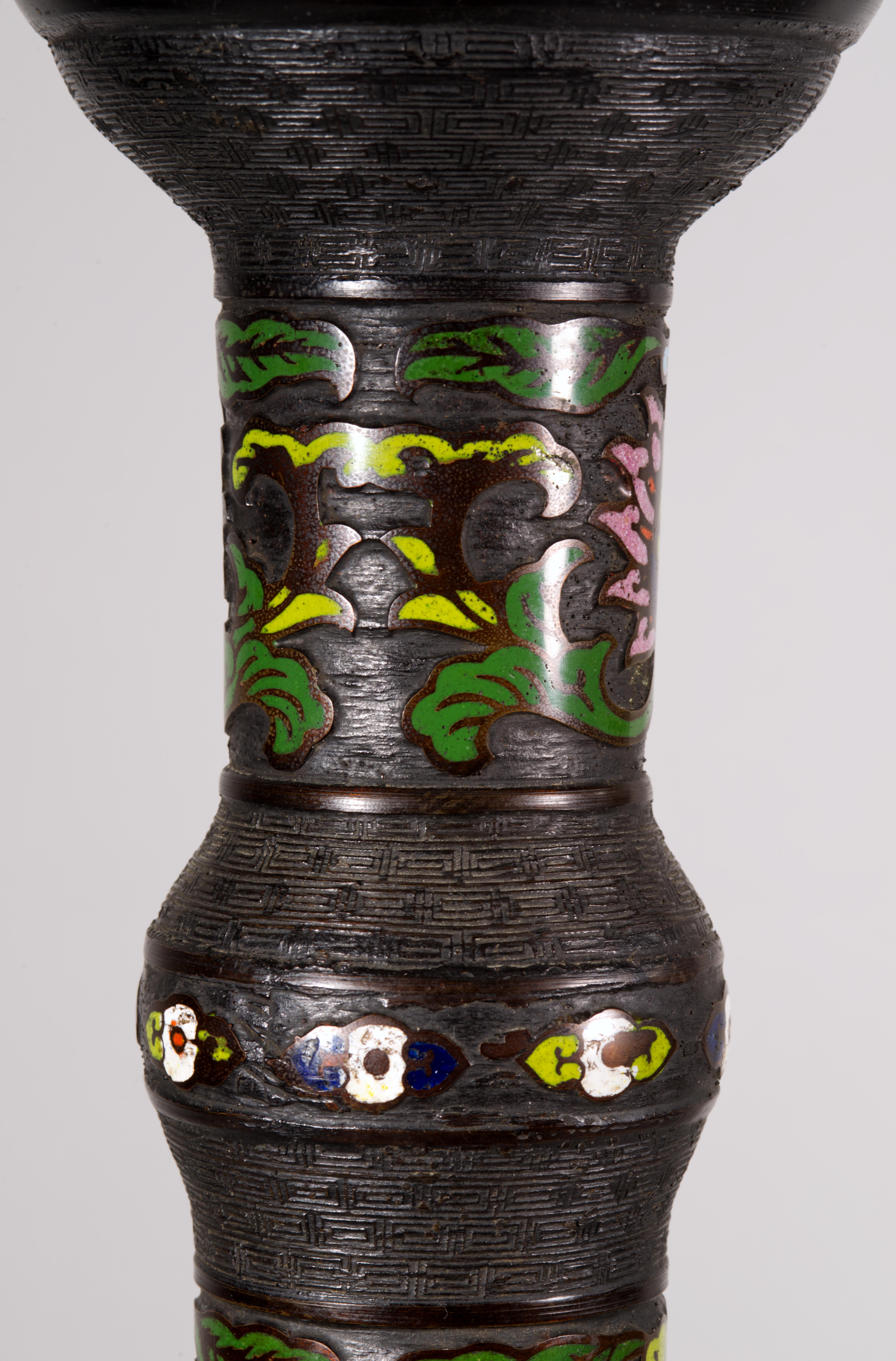 Vintage Asian Bronze Champlevé Cloisonné Enamel Baluster Table Lamp For Sale 3