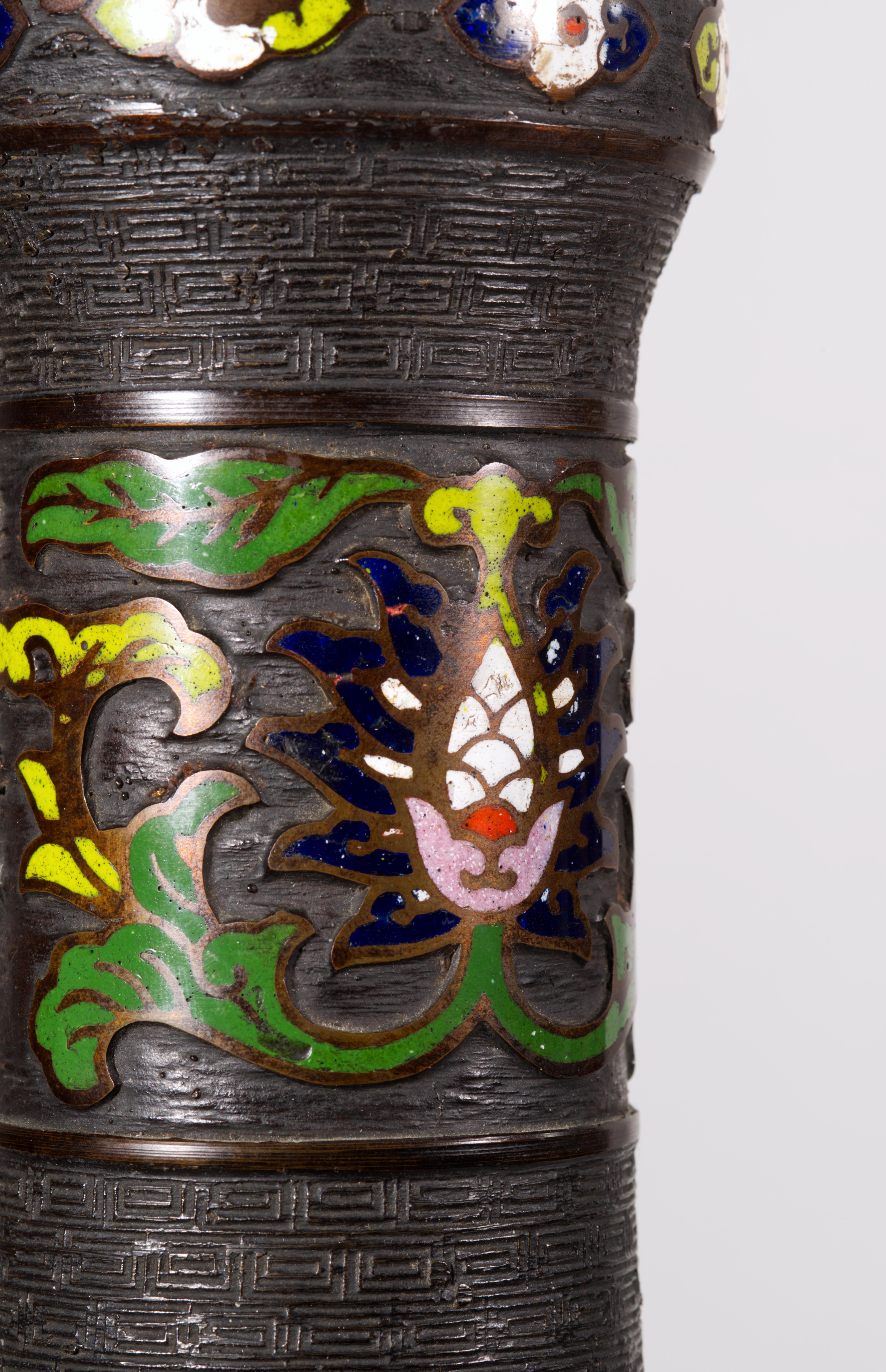 Vintage Asian Bronze Champlevé Cloisonné Enamel Baluster Table Lamp For Sale 4
