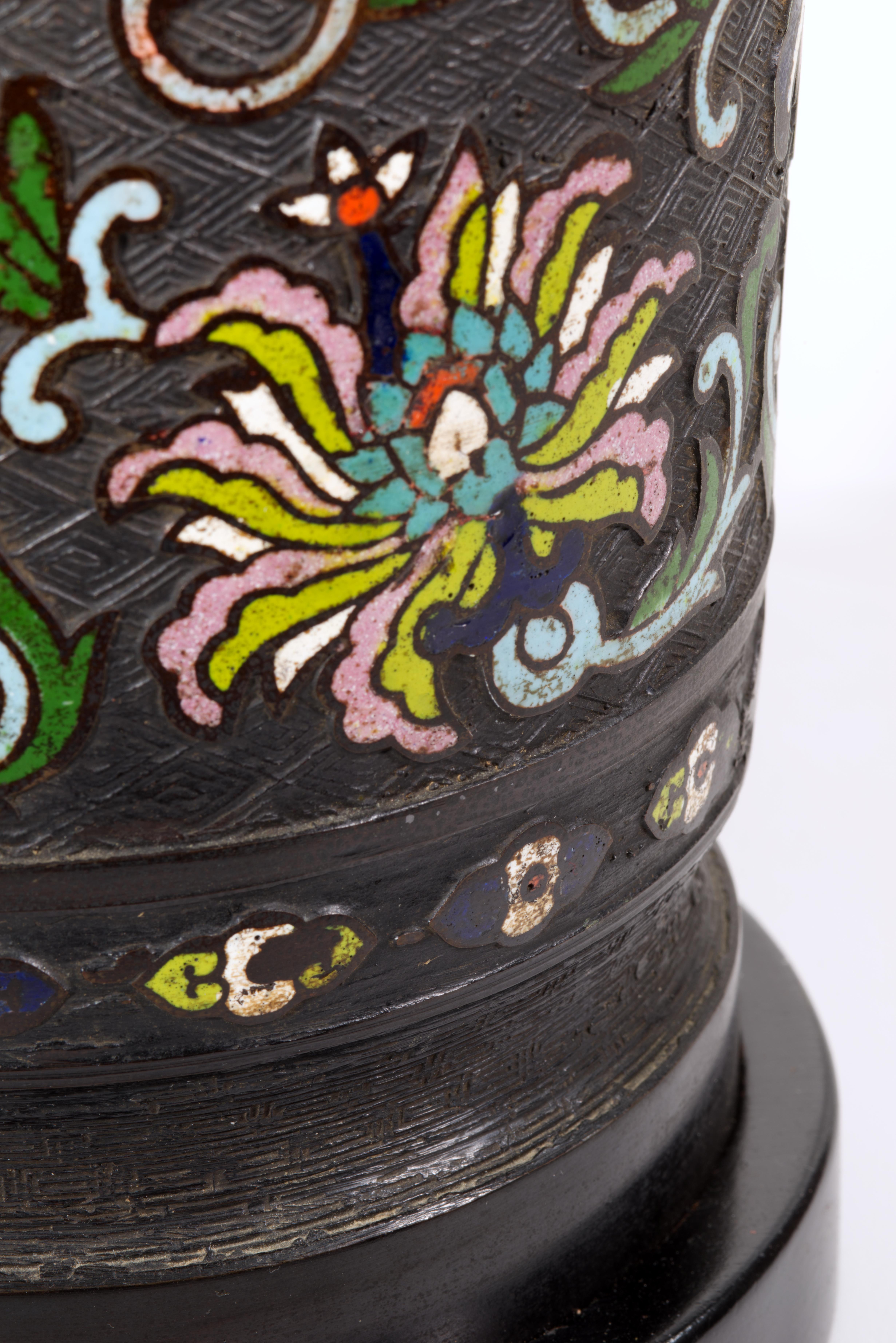 Vintage Asian Bronze Champlevé Cloisonné Enamel Baluster Table Lamp For Sale 5