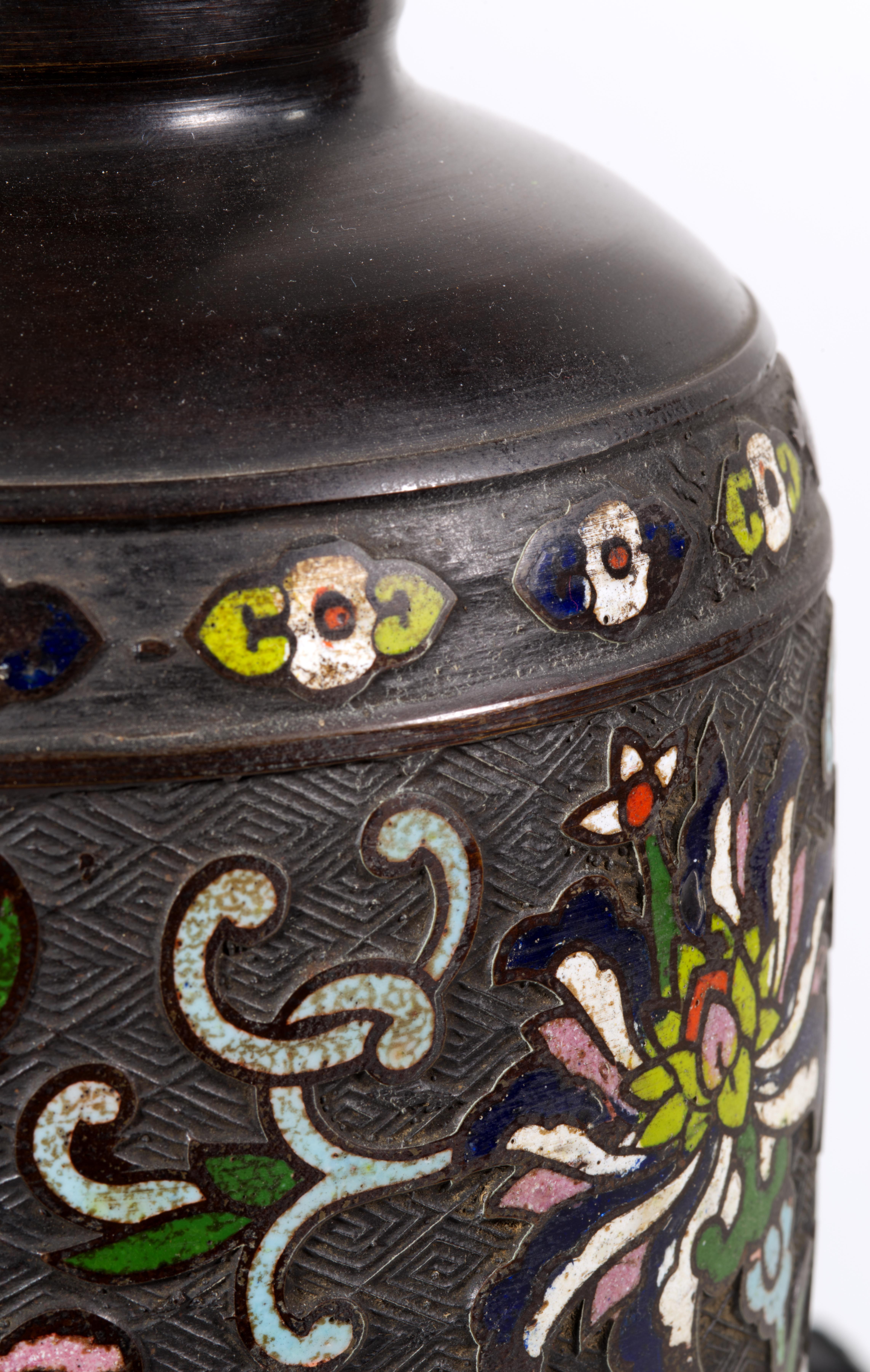 Vintage Asian Bronze Champlevé Cloisonné Enamel Baluster Table Lamp For Sale 6
