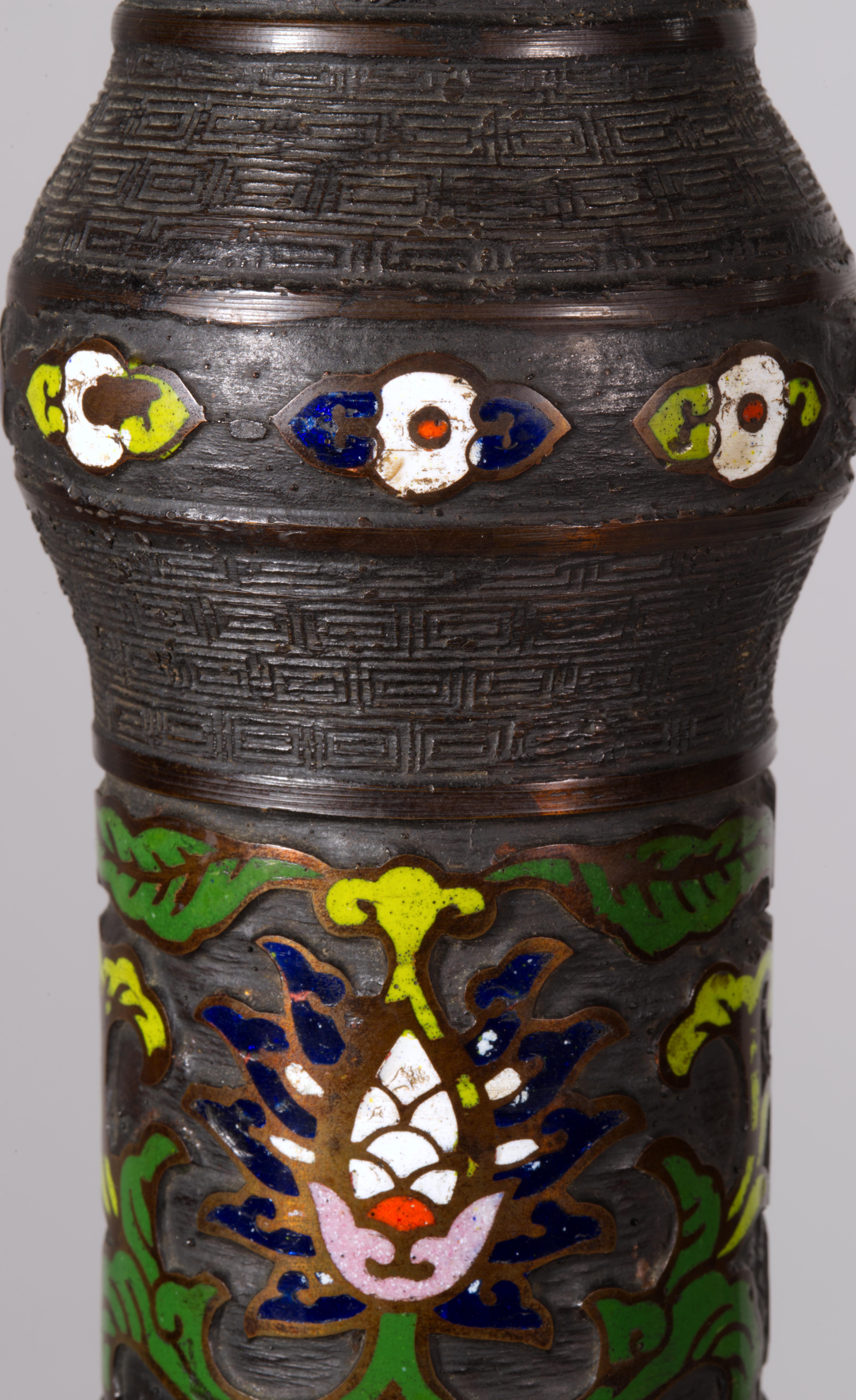 Vintage Asian Bronze Champlevé Cloisonné Enamel Baluster Table Lamp For Sale 7