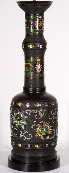 Vintage Asian Bronze Champlevé Cloisonné Enamel Baluster Table Lamp