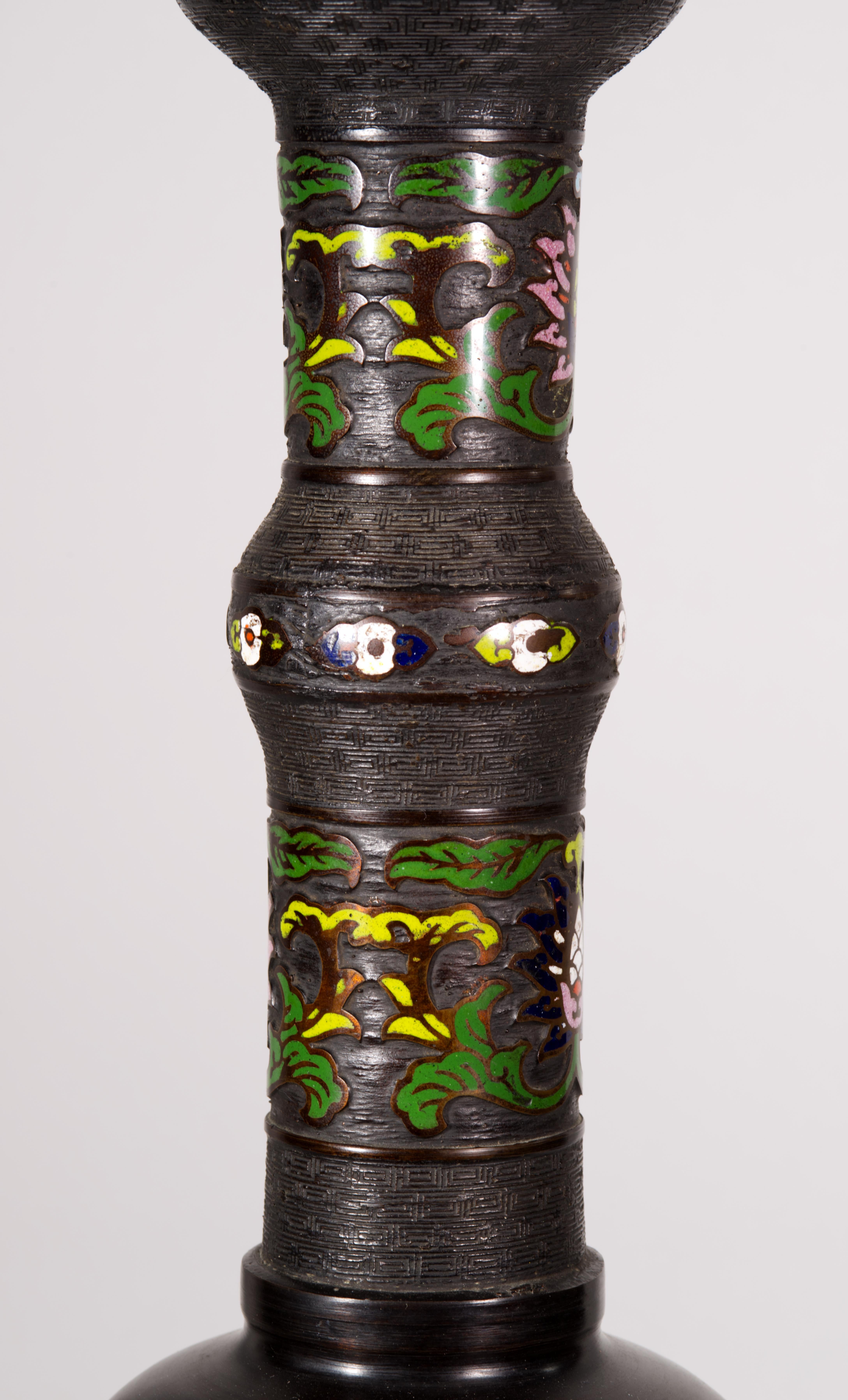 Hand-Crafted Vintage Asian Bronze Champlevé Cloisonné Enamel Baluster Table Lamp For Sale