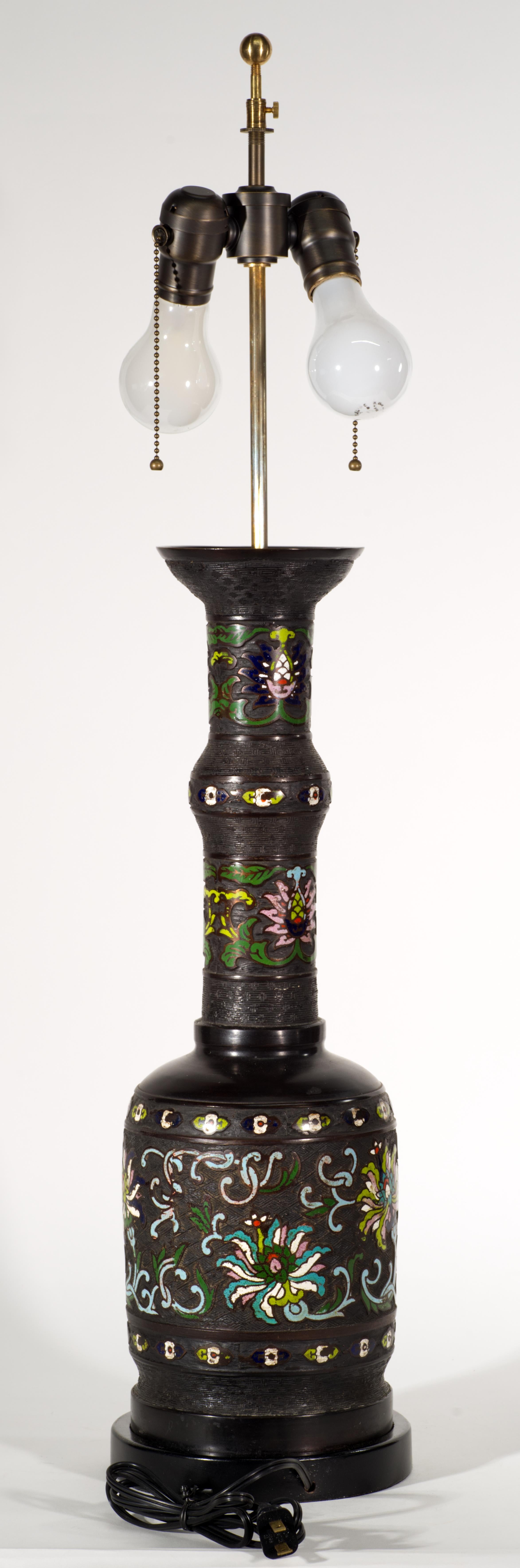 20th Century Vintage Asian Bronze Champlevé Cloisonné Enamel Baluster Table Lamp For Sale