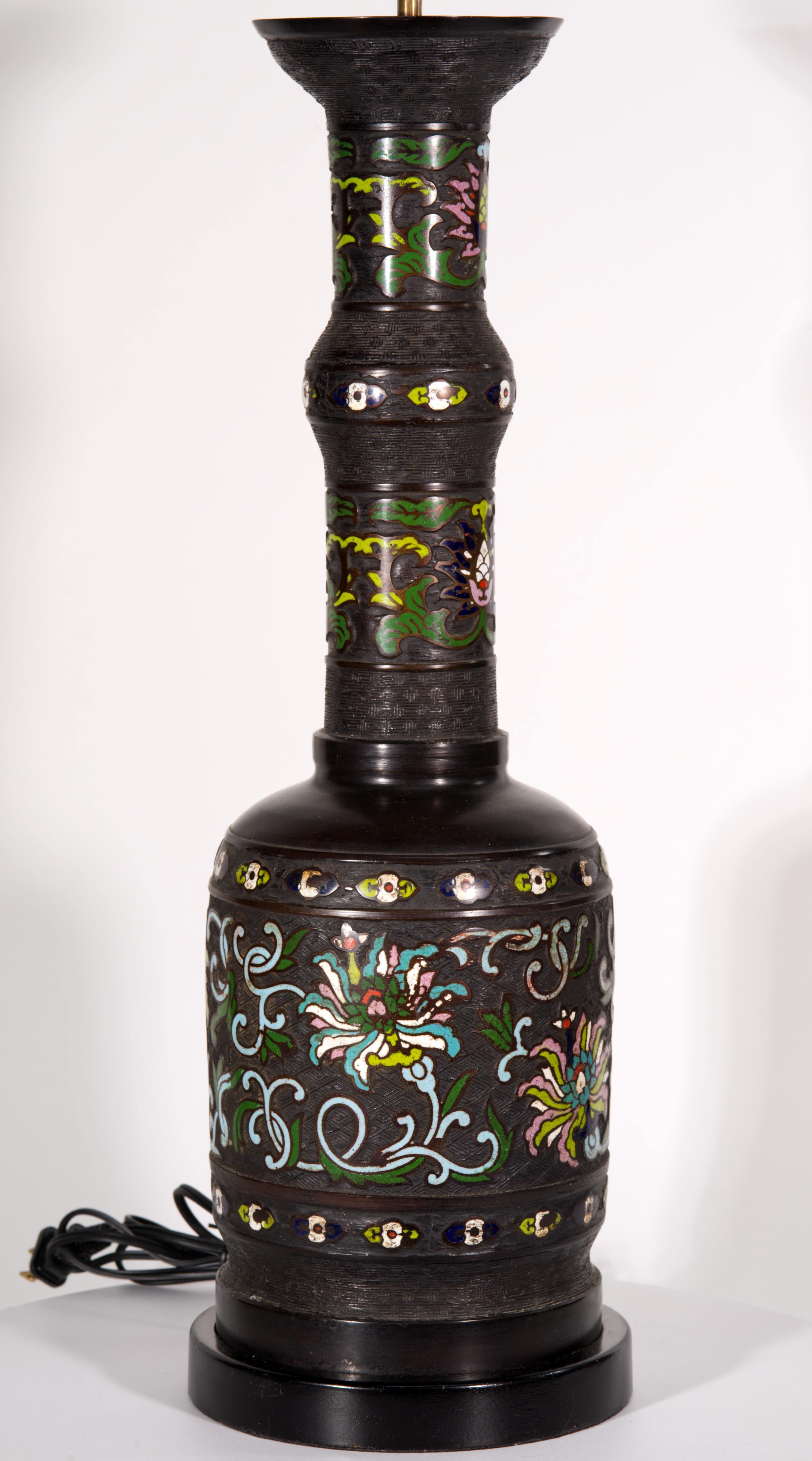 Vintage Asian Bronze Champlevé Cloisonné Enamel Baluster Table Lamp For Sale 1