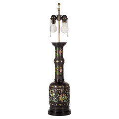 Lampada da tavolo a balaustro in bronzo vintage asiatico con smalto cloisonné e champlevé