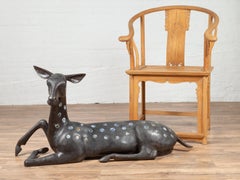 Vintage Asian Bronze Deer Sculpture with Blue and White Porcelain Medallions