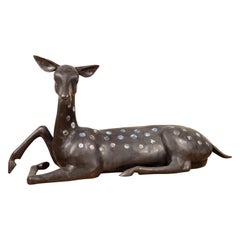 Vintage Asian Bronze Deer Sculpture with Blue and White Porcelain Medallions