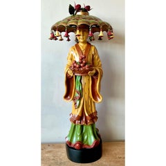 Vintage Asian Carved Asian Figure With Umbrella Hat