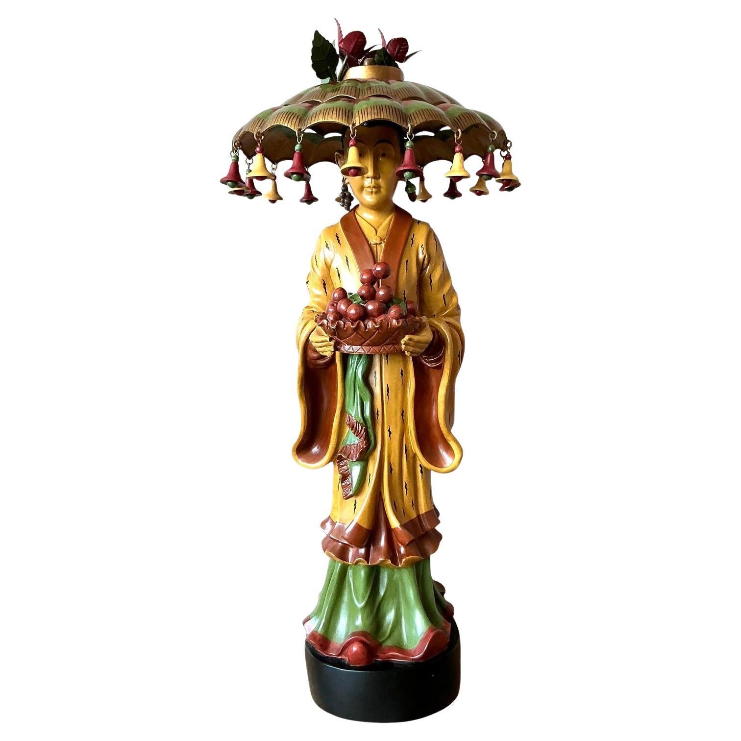 Vintage Asian Carved Asian Figure With Umbrella Hat