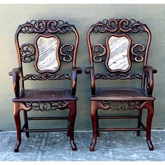Vintage Asian Carved Hardwood Chairs - A Pair