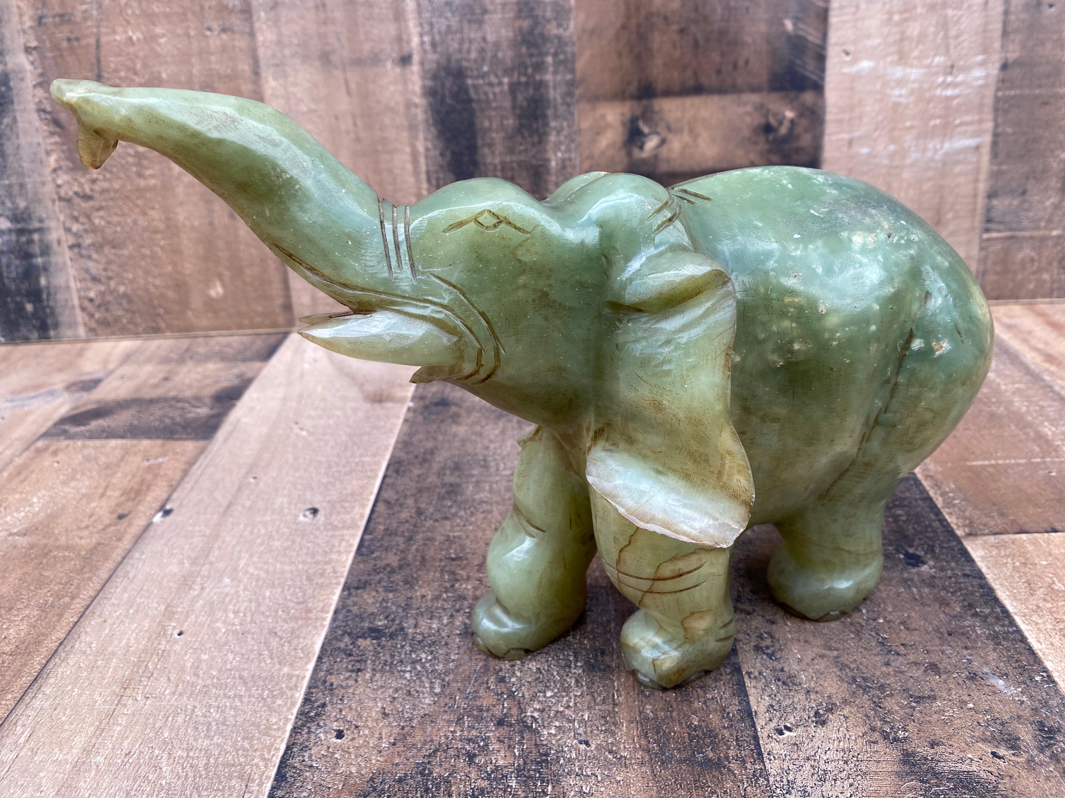 Vintage Asian Carved Jade Style Stone Elephant Figurines - Set of 2 3