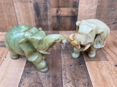 Vintage Asian Carved Jade Style Stone Elephant Figurines - Set of 2