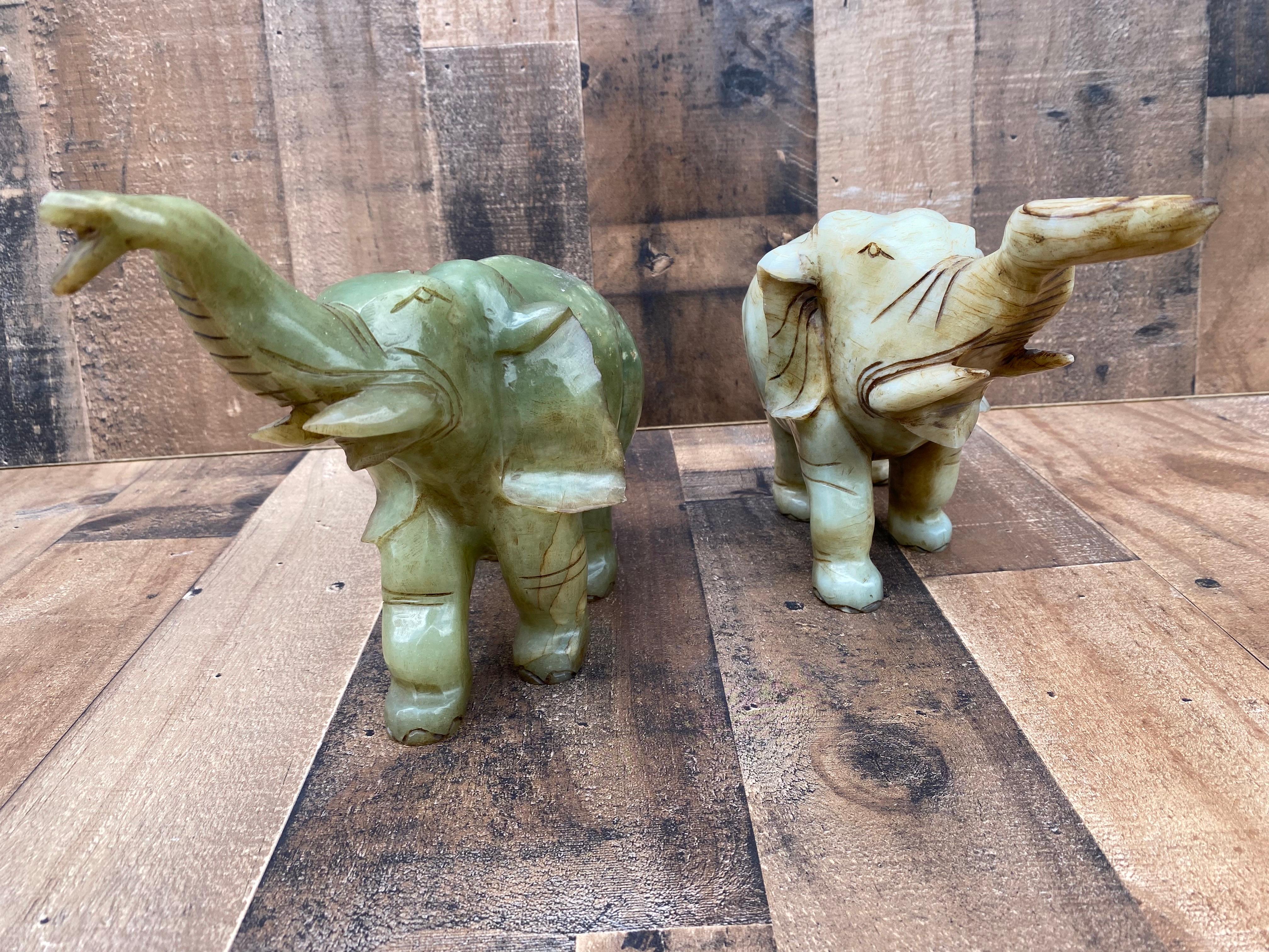 Rustic Vintage Asian Carved Jade Style Stone Elephant Figurines - Set of 2